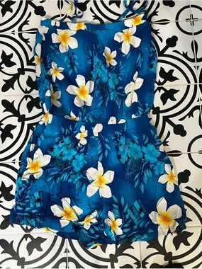 Blue Floral Tropical Romper with White Yellow Plumeria